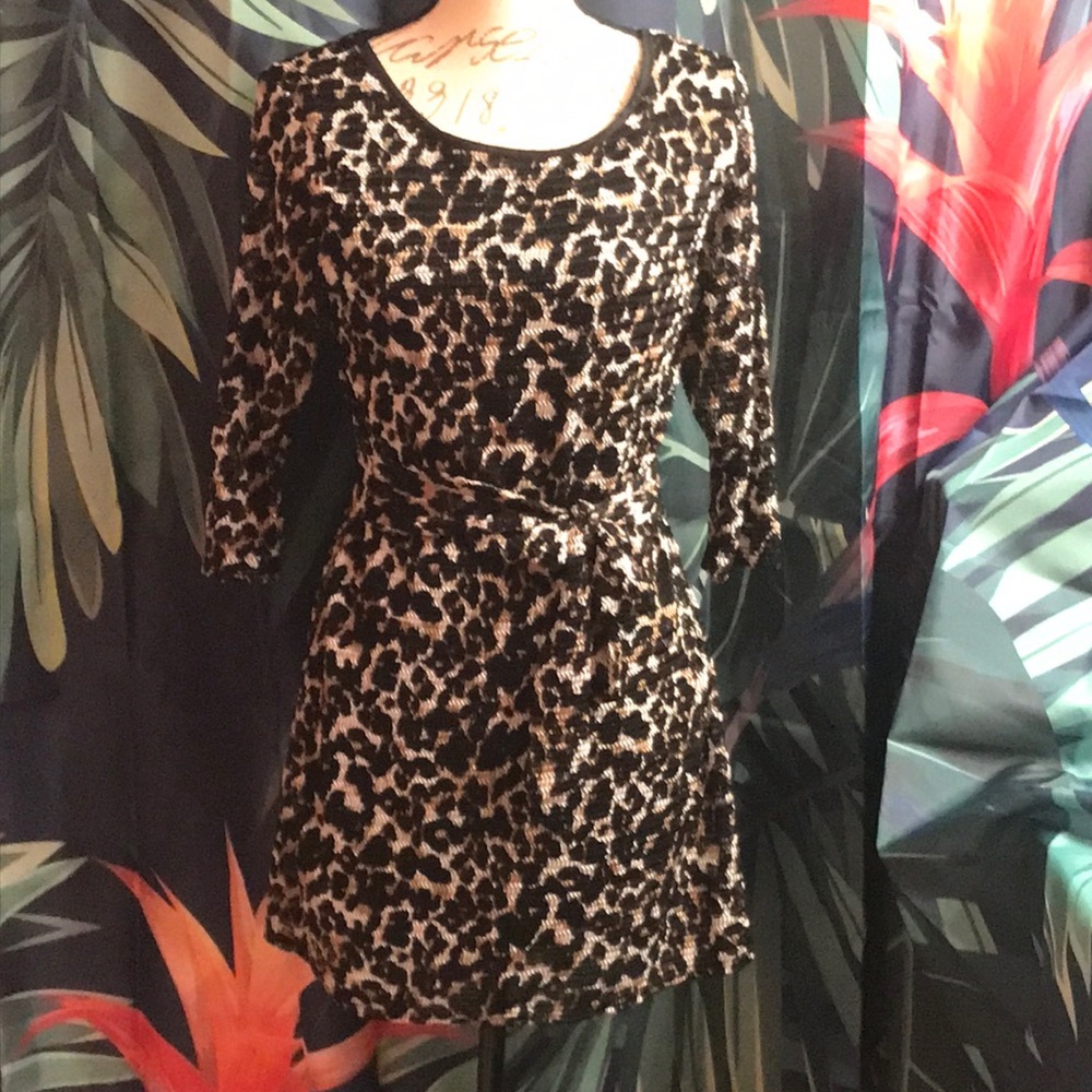 VINTAGE RAE REPUBLIC ANIMAL PRINT FRONT TIE STRETCH OPEN WEAVE DRESS LARGE